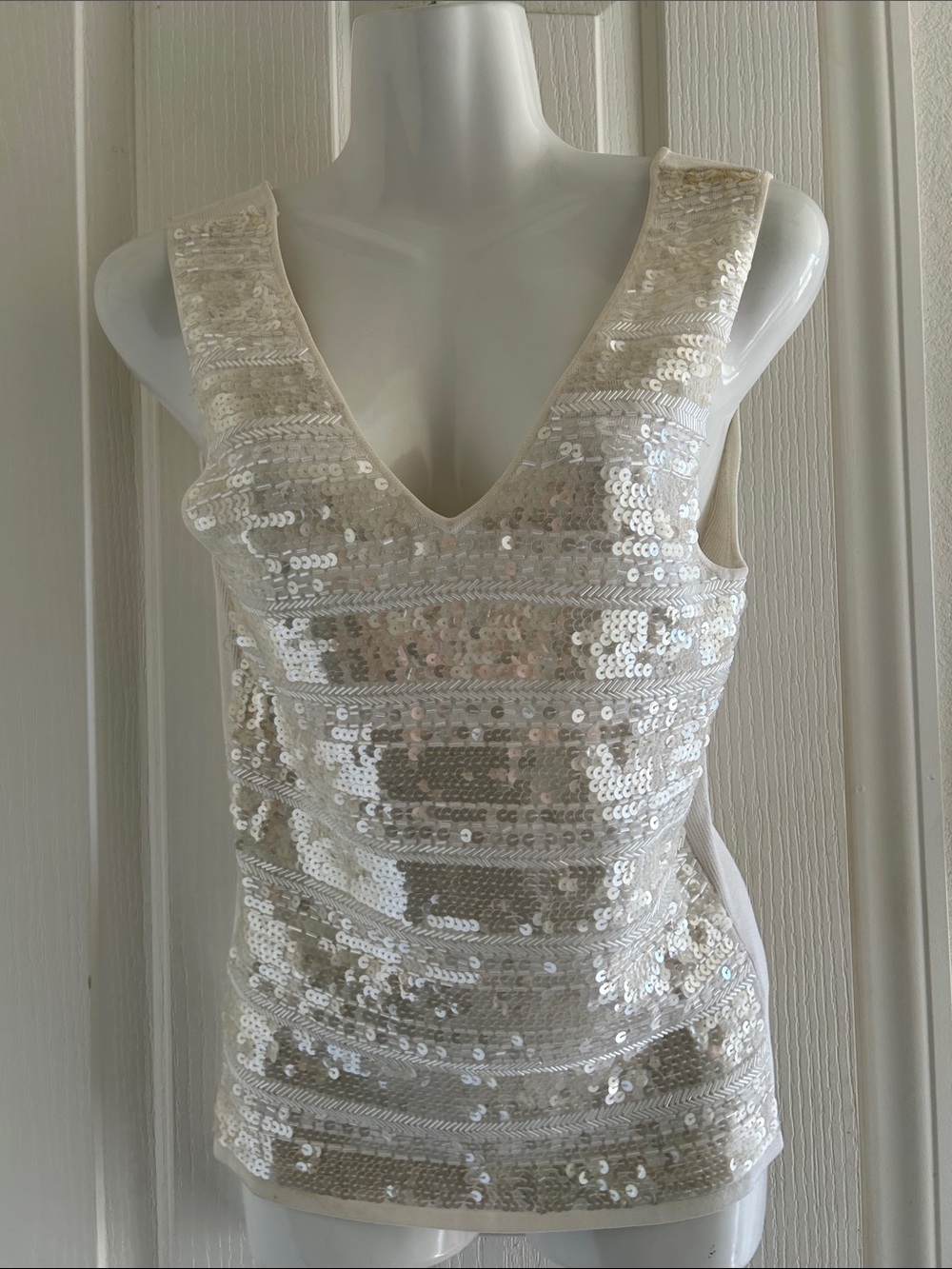 Cyrus White Sequin V-Neck Sleeveless Top